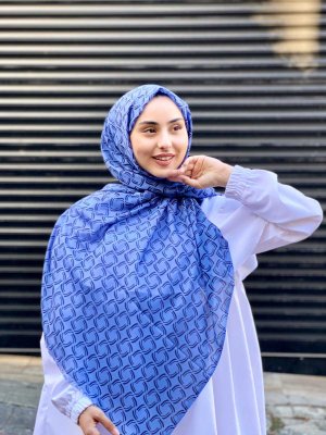 Mahek - Blauw Gedessineerde Katoenen Hijab