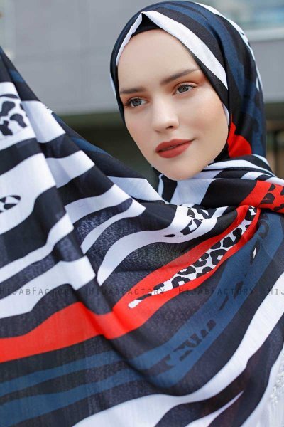 Emel - Marineblauw & Rood Gevormde Hijab - Sal Evi