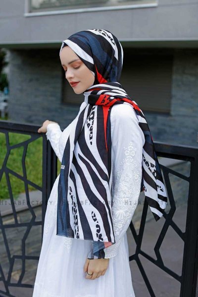Emel - Marineblauw & Rood Gevormde Hijab - Sal Evi