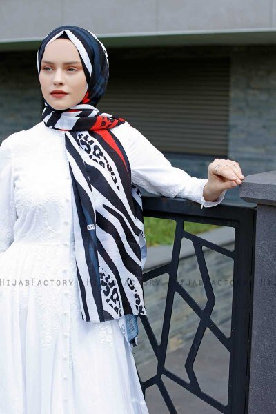 Emel - Marineblauw & Rood Gevormde Hijab - Sal Evi