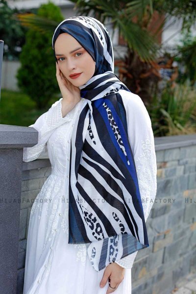 Emel - Marineblauw & Wit Gevormde Hijab - Sal Evi