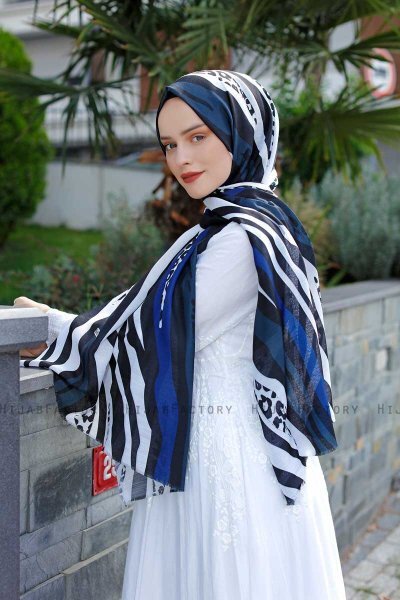 Emel - Marineblauw & Wit Gevormde Hijab - Sal Evi