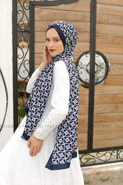Marineblauw Hijab Twill Met Patroon - Sal Evi