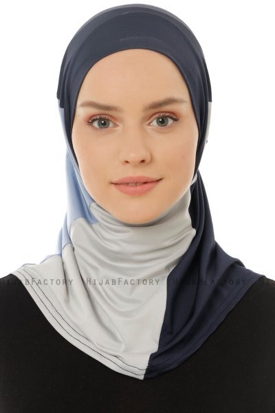 Esin - Marineblauw & Lichtgrijs & Lichtblauw One-Piece Hijab