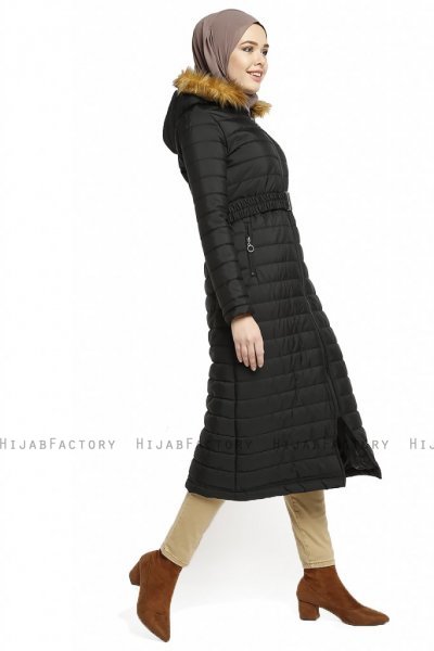 Yeliz - Zwarte Lange Jas Met Capuchon