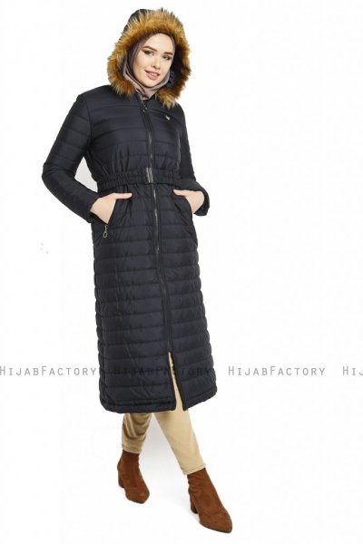 Yeliz - Marineblauw Lange Jas Met Capuchon