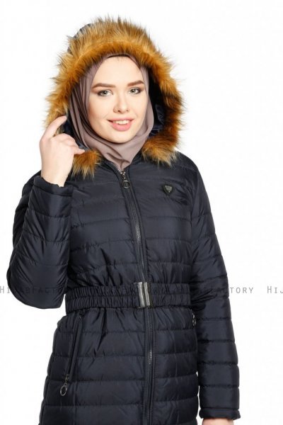 Yeliz - Marineblauw Lange Jas Met Capuchon