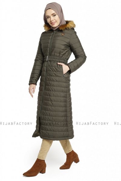 Yeliz - Khaki Lange Jas Met Capuchon