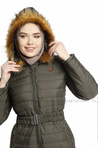 Yeliz - Khaki Lange Jas Met Capuchon