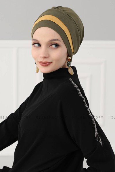 Elsa - Khaki & Mosterd Katoen Turban