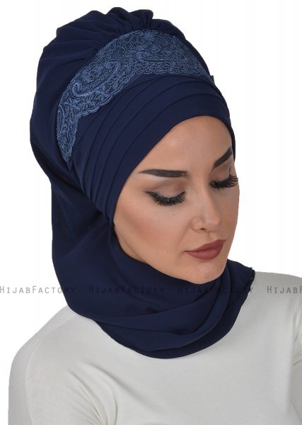 Celine - Marineblauw Chiffon Turban - Ayse Turban