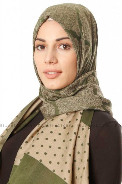 Alev - Khaki Gedessineerde Hijab