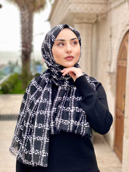 Ayah - Zwart Gedessineerde Katoen Hijab - Mirach
