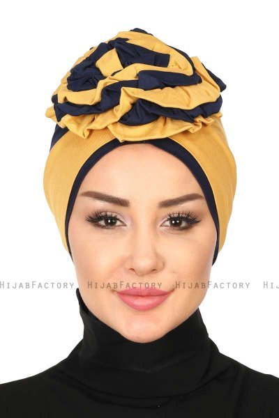 Clara - Mosterd & Marineblauw Katoen Turban