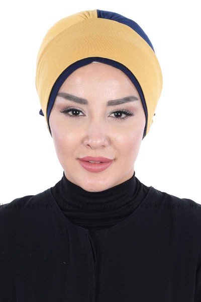 Clara - Mosterd & Marineblauw Katoen Turban