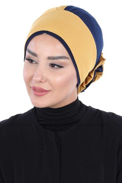 Clara - Mosterd & Marineblauw Katoen Turban