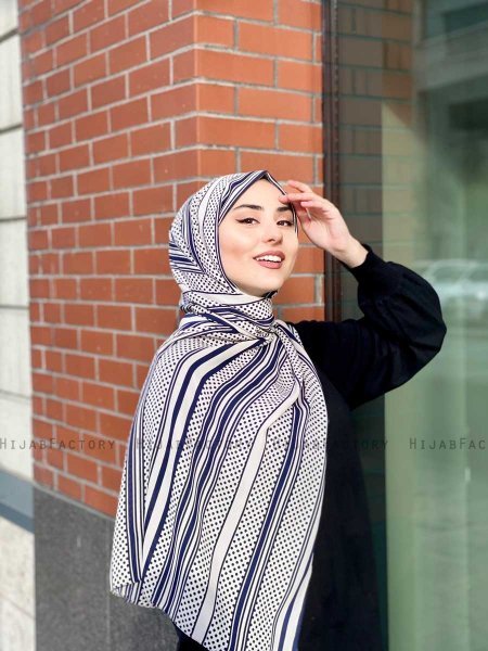 Dalal - Marineblauw & Creme Gedessineerde Crêpe Hijab