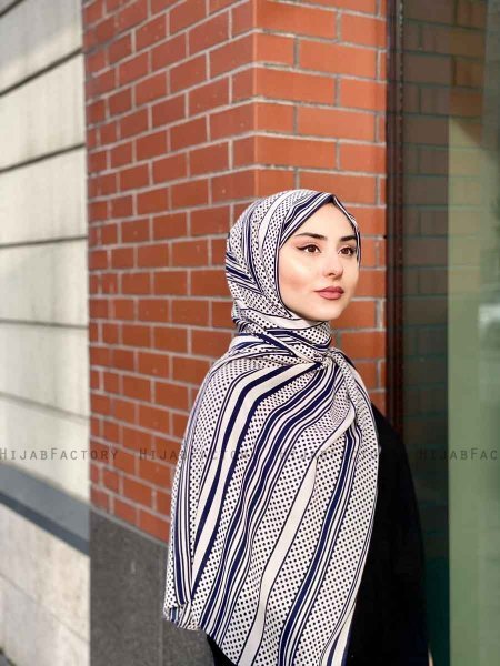 Dalal - Marineblauw & Creme Gedessineerde Crêpe Hijab