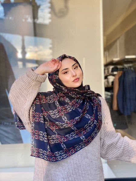 Elyas - Marineblauw Gedessineerde Katoen Hijab - Mirach