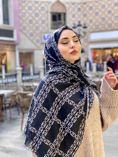 Elyas - Zwart Gedessineerde Katoen Hijab - Mirach