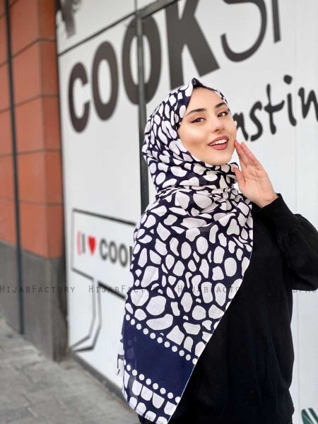 Iza - Marineblauw & Wit Gedessineerde Katoen Hijab - Mirach