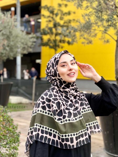 Iza - Zwart & Khaki Gedessineerde Katoen Hijab - Mirach