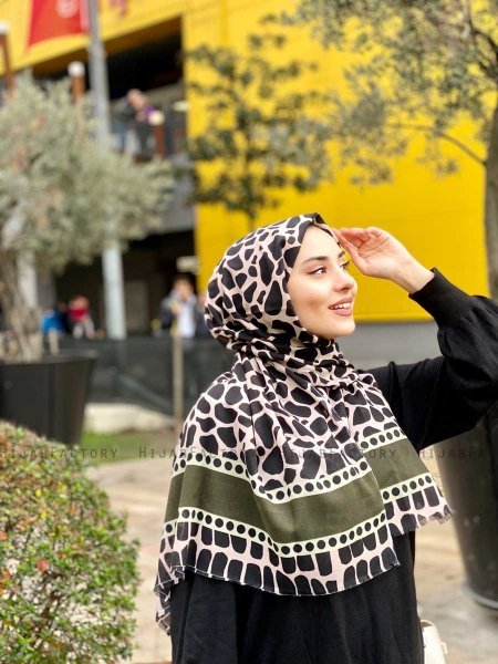 Iza - Zwart & Khaki Gedessineerde Katoen Hijab - Mirach