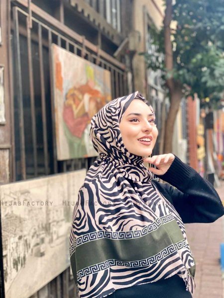 Kadifa - Khaki & Beige Gedessineerde Katoen Hijab - Mirach