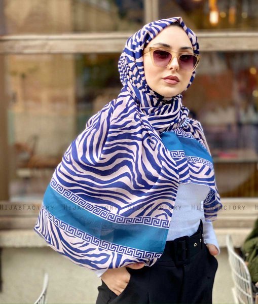 Kadifa - Marineblauw & Beige Gedessineerde Katoen Hijab - Mirach