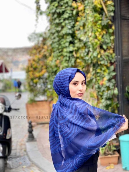 Kadifa - Marineblauw Gedessineerde Katoen Hijab - Mirach
