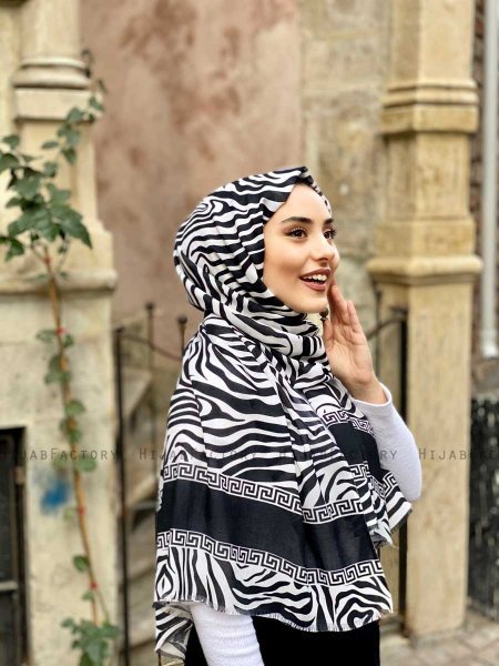 Kadifa - Zwart & Vit Gedessineerde Katoen Hijab - Mirach
