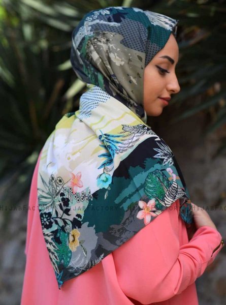 Khawla - Groen & Khaki Gedessineerde Katoen Hijab
