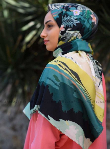 Khawla - Groen & Khaki Gedessineerde Katoen Hijab