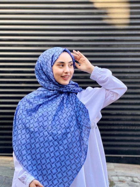 Mahek - Blauw Gedessineerde Katoenen Hijab