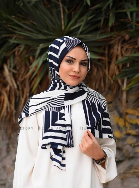Marwa - Marineblauw Gedessineerde Crepe Hijab