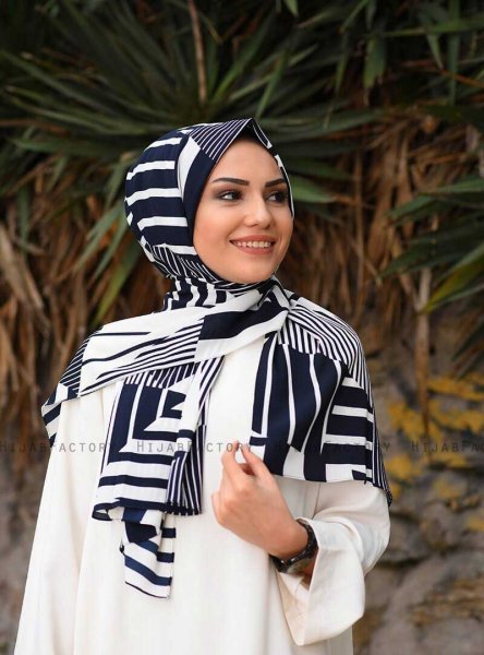 Marwa - Marineblauw Gedessineerde Crepe Hijab