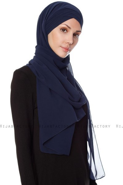 Mehtap - Marineblauw Praktisch One Piece Chiffon Hijab