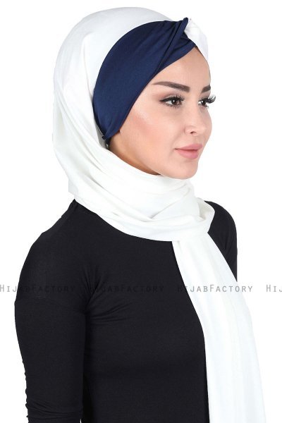 Mikaela - Creme & Marineblauw Katoenen Praktisch Hijab