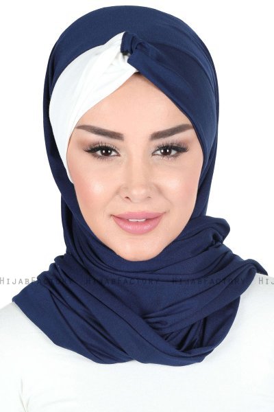 Mikaela - Marineblauw & Creme Katoenen Praktisch Hijab