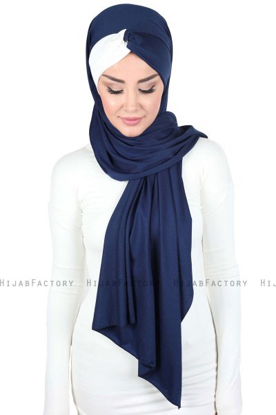 Mikaela - Marineblauw & Creme Katoenen Praktisch Hijab