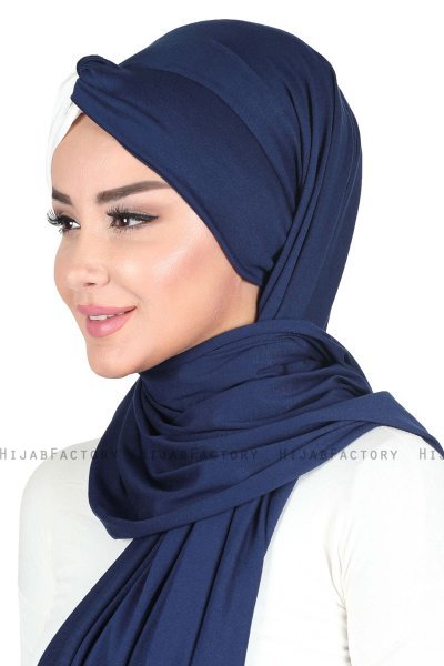 Mikaela - Marineblauw & Creme Katoenen Praktisch Hijab