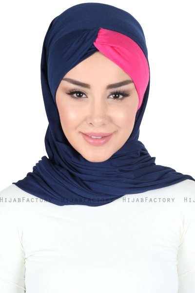 Mikaela - Marineblauw & Fuchsia Katoenen Praktisch Hijab