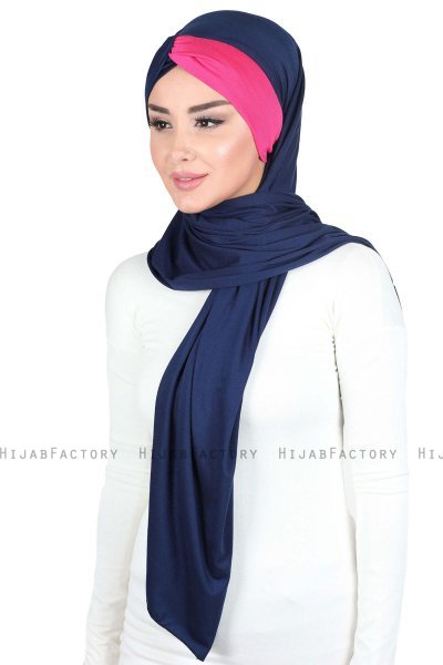 Mikaela - Marineblauw & Fuchsia Katoenen Praktisch Hijab