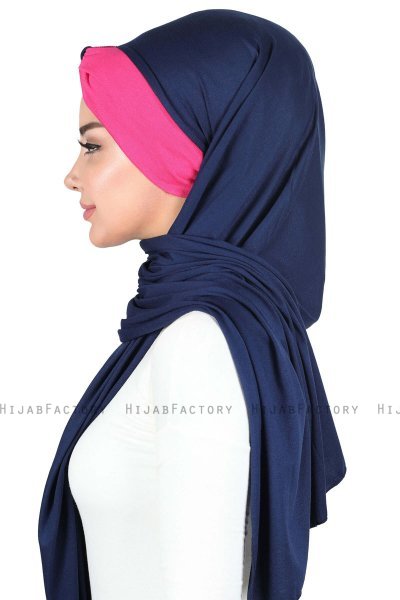 Mikaela - Marineblauw & Fuchsia Katoenen Praktisch Hijab