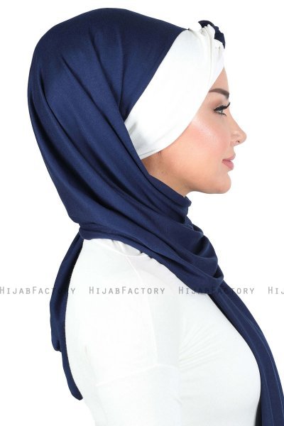 Mikaela - Marineblauw & Creme Katoenen Praktisch Hijab