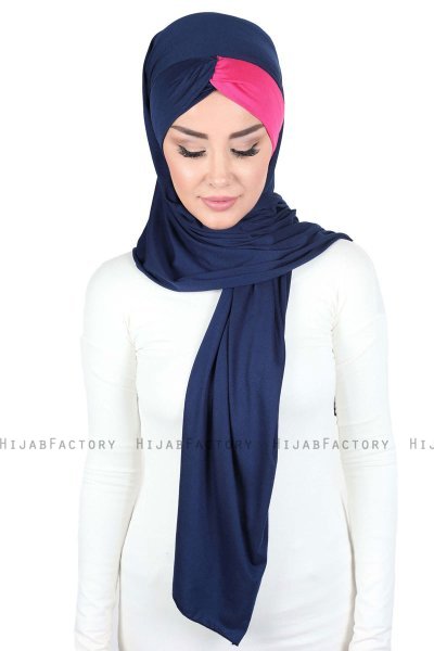 Mikaela - Marineblauw & Fuchsia Katoenen Praktisch Hijab