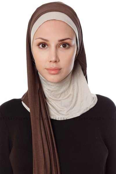 Naz - Bruin & Licht Taupe Praktisch One Piece Hijab - Ecardin