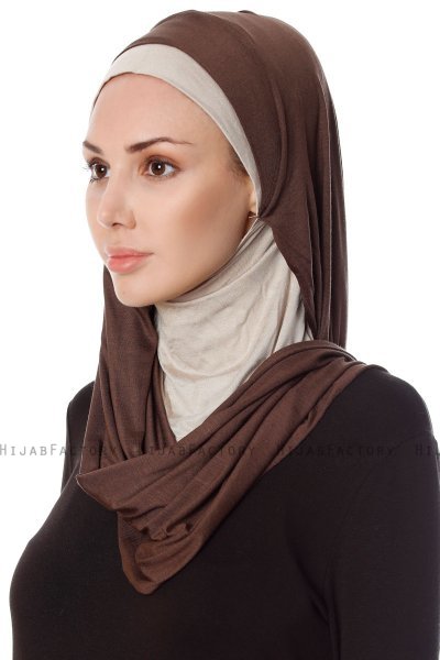 Naz - Bruin & Licht Taupe Praktisch One Piece Hijab - Ecardin