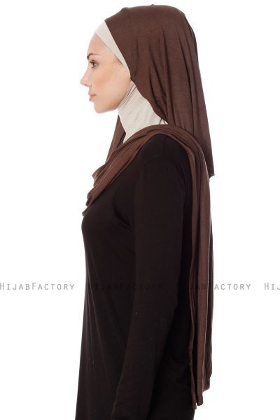 Naz - Bruin & Licht Taupe Praktisch One Piece Hijab - Ecardin