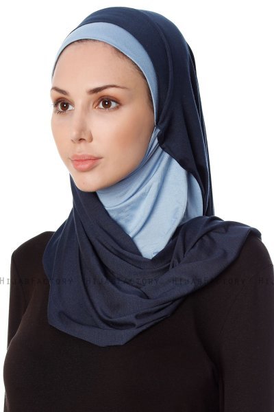 Naz - Marineblauw & Lichtblauw Praktisch One Piece Hijab - Ecardin
